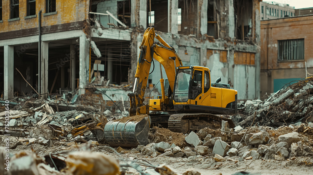 Excavator amidst rubble at a demolition site. Excavator amidst rubble at a demolition site.