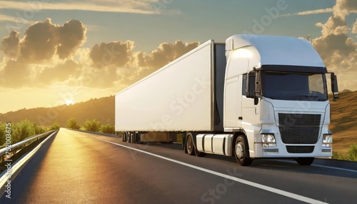 a white cargo truck with a white blank empty trailer for ad on a highway road in the united states. beautiful nature mountains and sky. golden hour sunset. driving in motion. 