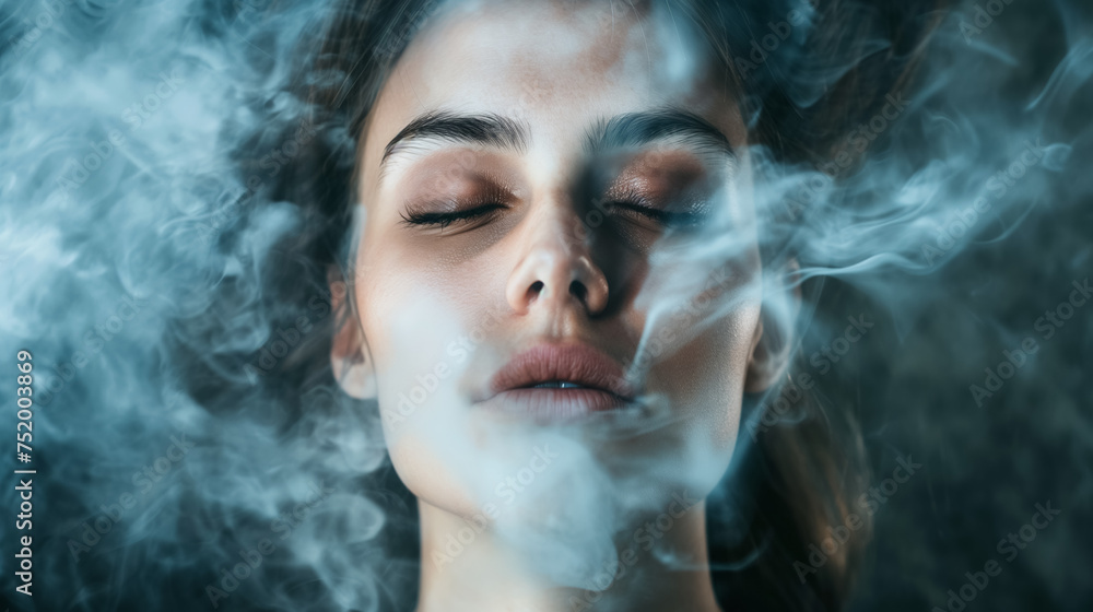 Mysterious woman exhaling swirls of smoke. Mysterious woman exhaling swirls of smoke.