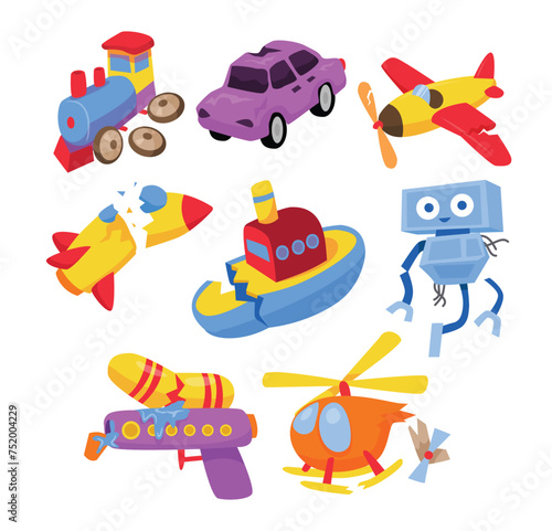 Set of broken toys collection, cartoon toys for kid children with Train, Car, Airplane, Rocket, Ship, Robot, Water Gun, Helicopter, Recycling garbage vector trash elements trash illustration.