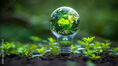 Lightbulb with green world map glowing among young plants, symbolizing eco-friendly energy concepts.