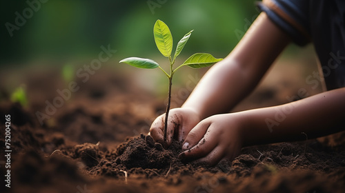 Close up of child hands planting young tree.
