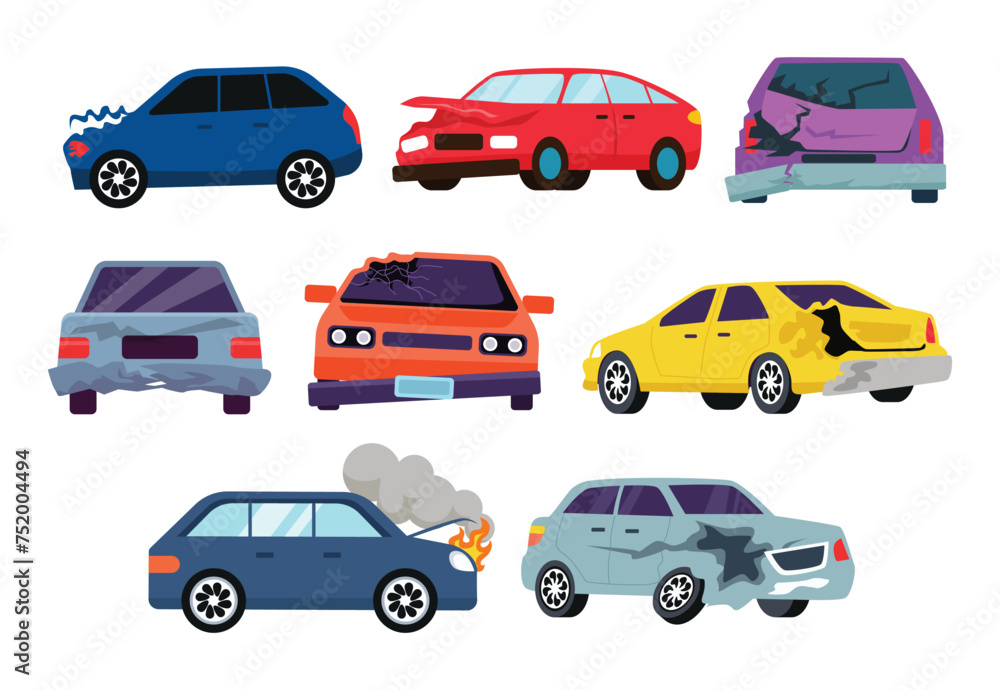 Set of broken car set collection, Car accident. Damaged transport on the road repair service insurances vehicle cartoon, Accident crash car, emergency broken and insurance auto, Vehicle wreck.