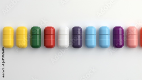 Rainbow array of colorful pill capsules neatly aligned on a pristine white surface showcasing health and vibrancy candy style cute minimal 3D animation