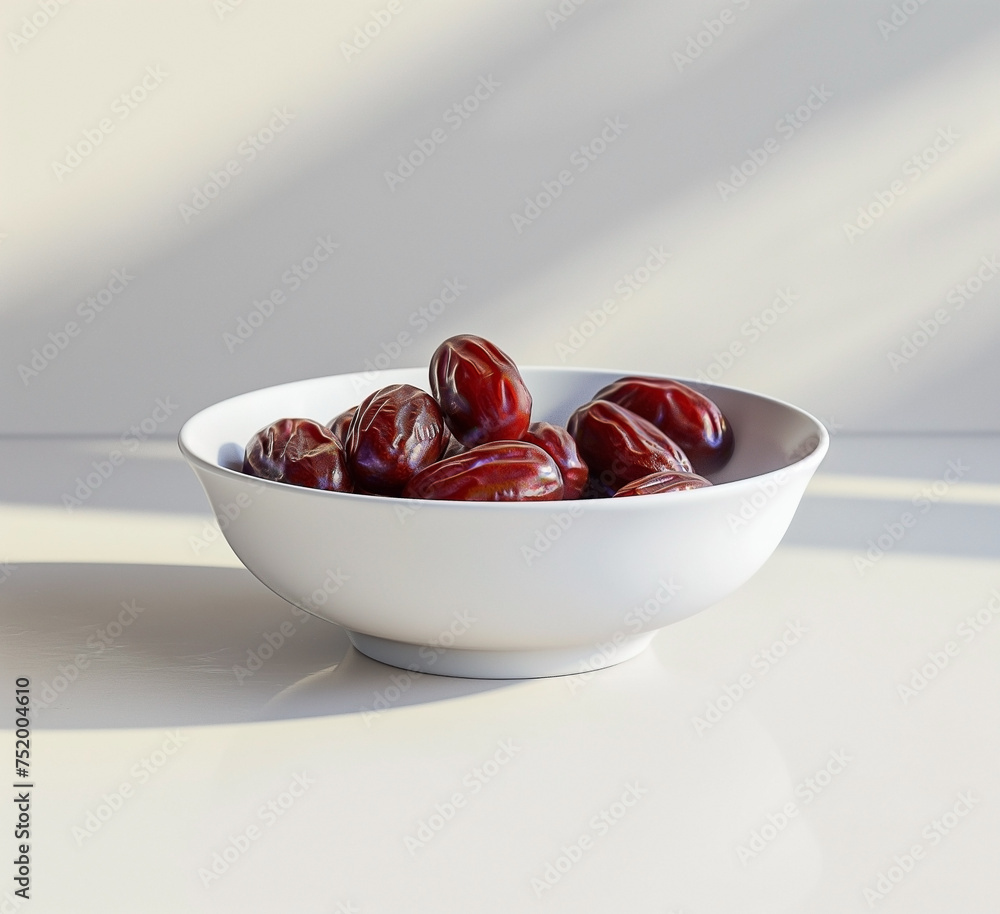 Beautiful tasty fresh dark red dates fruit in a bowl on a white surface Beautiful tasty fresh dark red dates fruit in a bowl on a white surface