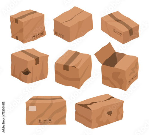 Set of broken box set collection, Damaged cardboard boxes, Cartoon broken package, Wet, crumpled, crinkled, spoiled carton parcels, goods orders, Cargo and mail parcels,  poor quality order delivery.