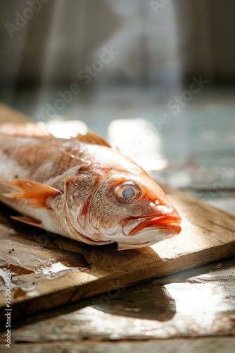 Fish on rustic wooden counter top highkey background.
