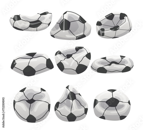Set of deflated soccer ball collection, deflated ball, leather popped soccer ball cartoon, championship sport athlete football game player sphere, isolated on white background.Vector illustration.