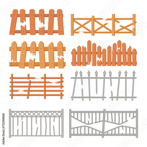 Set of broken fence set collection, Fencing, Destroy or break fencing, plank loophole in wood fence, timber backdrop farm garden gates with hole, old board wooden picket barrier cartoon, broken wall.