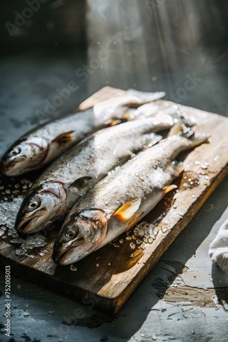 Fishes on rustic wooden counter top highkey background.