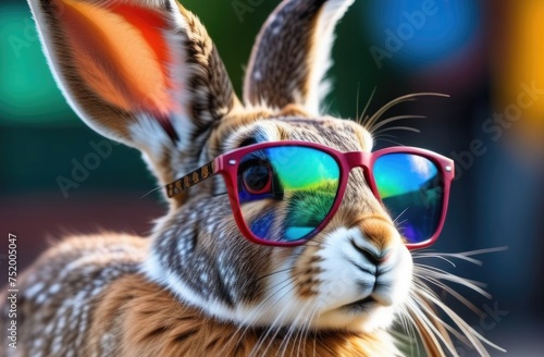 rabbit in colored sunglasses on bright background copyspace. creative hare 