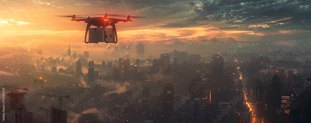 A delivery drone flying over a city skyline, carrying a package to its destination.