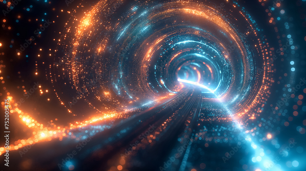 Future Color Wave: Dark Sky Blue Tunnel with Cyberpunk Style and 3D Rendered Elements - obrazy, fototapety, plakaty 