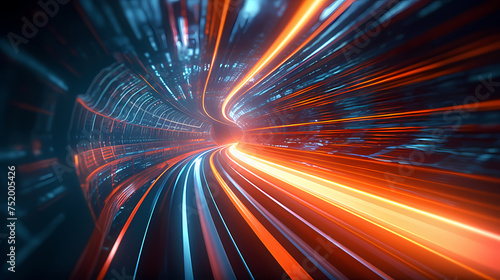 Tunnel traffic at night, highway lights on the road