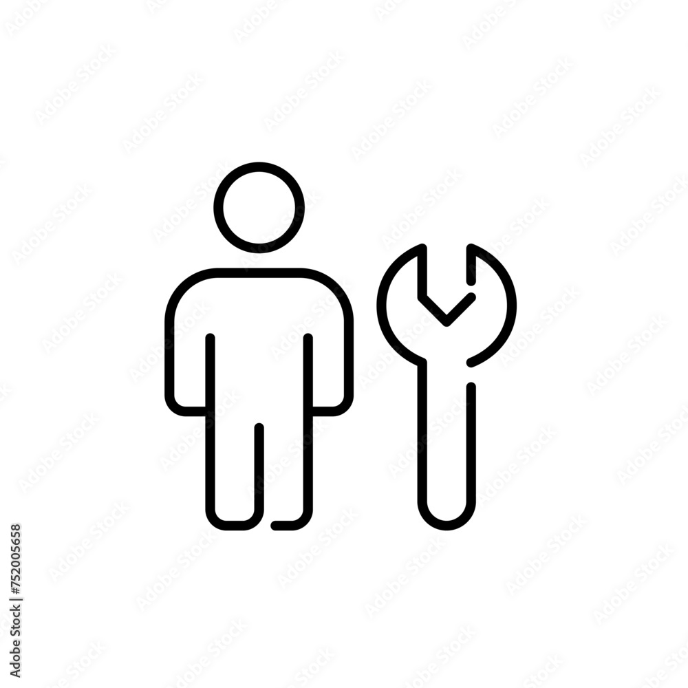 Person and wrench. Website maintenance and trouble-shooting. Digital engineering and customization. Vector icon Person and wrench. Website maintenance and trouble-shooting. Digital engineering and customization. Vector icon