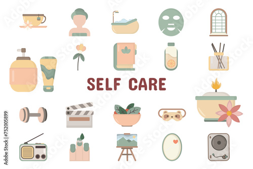 Self Care Flat Vector Illustration Icon Sticker Set Design Materials