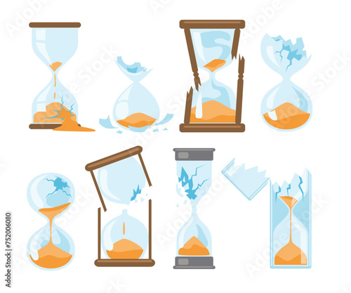 Set of broken hourglass set collection, time is up concept, wasting time or procrastination, deadline, broken clock cartoon, Time is over, economy crisis vector illustration, timeline conflict.