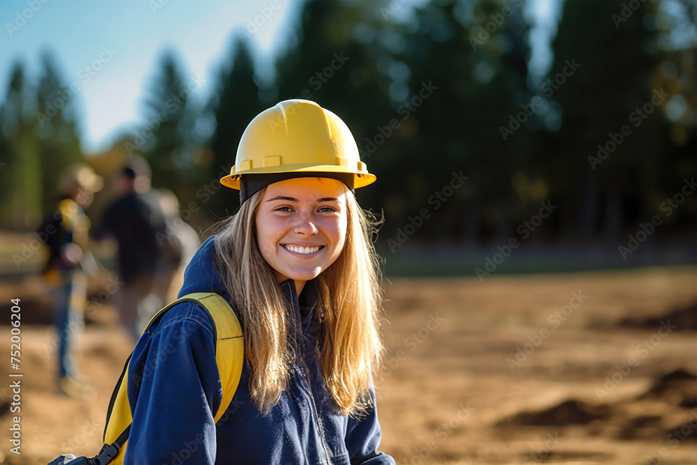 A woman in a hard hat carrying a backpack, likely an engineer or builder, equipped for surveying or construction work