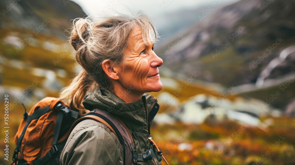 A woman with a backpack smiles at the camera in a mountainous setting A woman with a backpack smiles at the camera in a mountainous setting