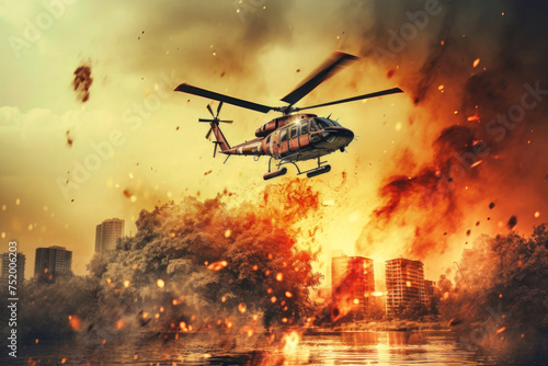 A helicopter flies over a city engulfed in flames, combating a massive fire outbreak with precision and urgency