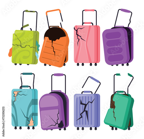 Set of broken luggage set collection,  Damaged suitcase. Ripped vacation luggage, damaged bag for traveling, artoon travel bag lost plastic suitcases with clothes broken backpack destroyed case.