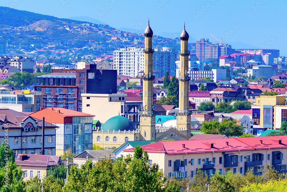 View of the city of Makhachkala in the Republic of Dagestan, the minarets of the mosque. Trip, travel on vacation. Cityscape.