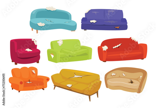 Set of broken sofa set collection, colorful cartoon broken chair, Dirty broken sofa needs repair, Torn old couches with pillows for living room, Furniture, interior design,  broken room stuff.