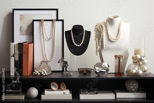 Still life, fashion, lifestyles concept. Various expensive and luxury women jewelry home showcase. Collection of fancy jewelry and accessories photo