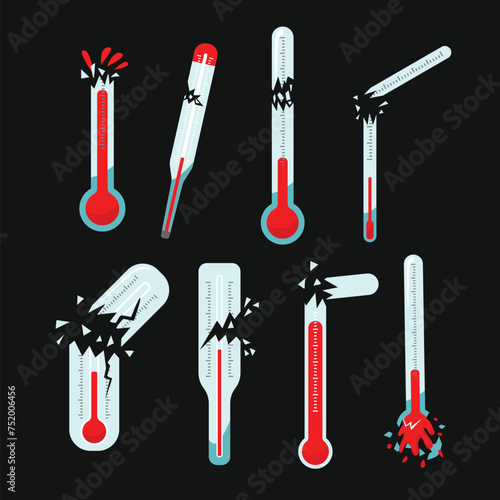 Set of broken thermometer set collection, hot temperature with fire breaking thermometer. Icon for weather forecast, climate, summer season, heat, overheat. Earth goal thermometer, vector illustration