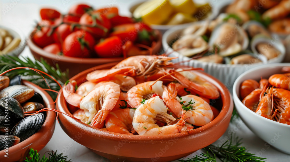 Group of Bowls Filled With Shrimp and Clams Group of Bowls Filled With Shrimp and Clams
