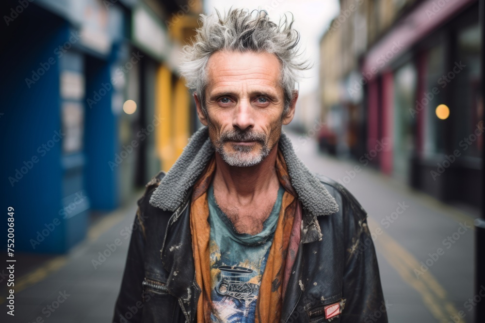 Handsome middle age man with grey hair and beard in a urban context Handsome middle age man with grey hair and beard in a urban context