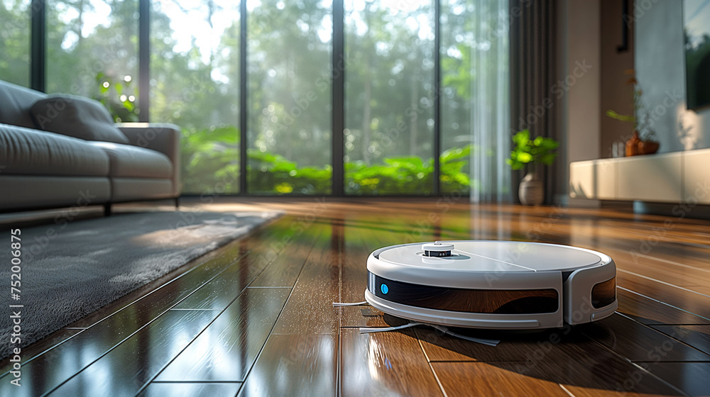 Robot vacuum cleaner at work in a living room Robot vacuum cleaner at work in a living room