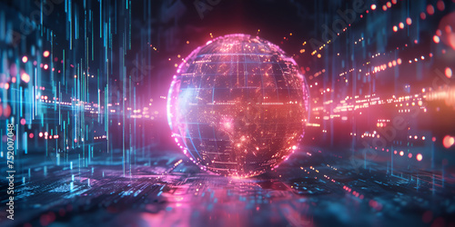 Neon globe surrounded by digital data streams The world is being driven by AI technology and large amounts of data. for Business Innovation and Technology background and wallpaper photo