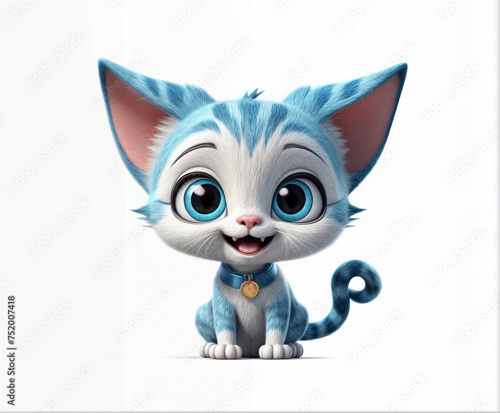 3d render of cute cat cartoon character with big ears on white background
