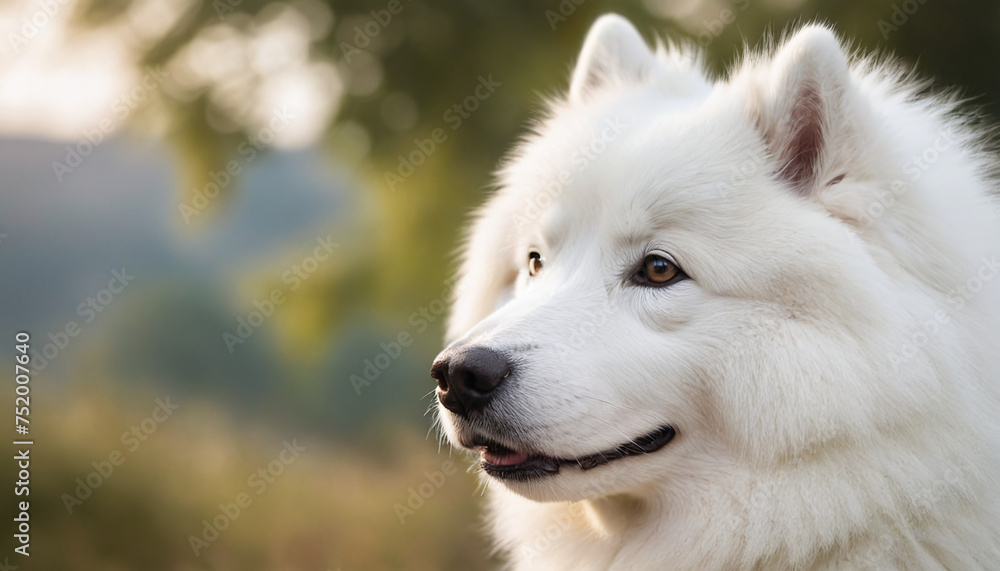 white samoyed dog with tree on background