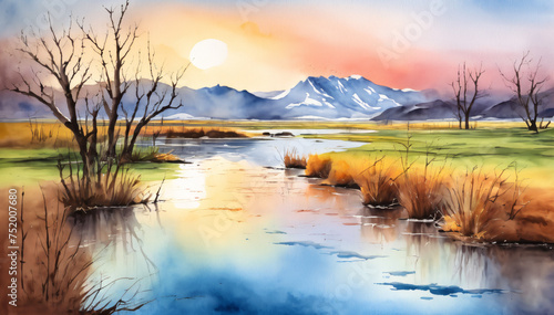 Sunset Glow Over Mountain River Watercolor Painting