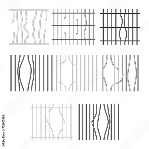 Set of broken jail bars set collection, Broken metal bars. Window in prison, Hole in prison bars, Damaged Prison Metal Steel Lattice, Gaol Jail Security Grunge Iron Grid, Confine Cage. Escape concept.