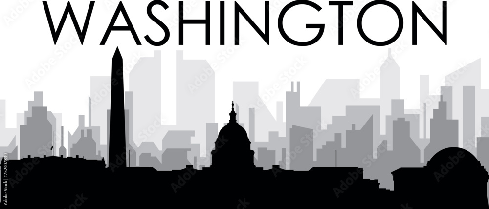 Black cityscape skyline panorama with gray misty city buildings background of the WASHINGTON, UNITED STATES OF AMERICA