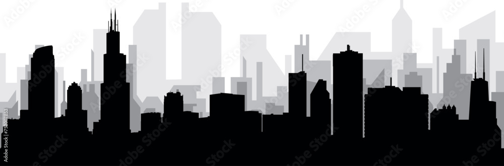 Black cityscape skyline panorama with gray misty city buildings background of the CHICAGO, UNITED STATES OF AMERICA