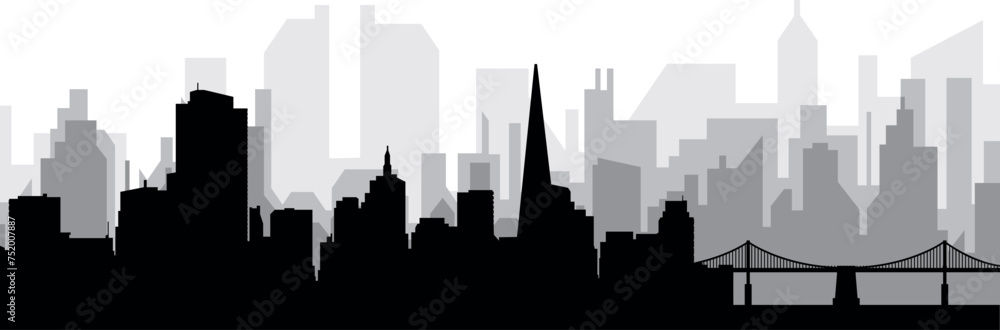 Black cityscape skyline panorama with gray misty city buildings background of the SAN FRANCISCO, UNITED STATES OF AMERICA
