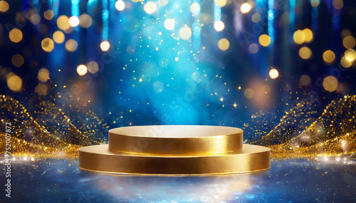 Ethereal Luxury: Golden Podium Set Against Blue with Bokeh Lights
