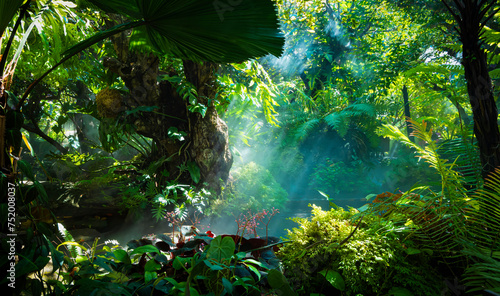 Fototapeta Naklejka Na Ścianę i Meble -  The Tropical jungle with river and sun beam and foggy in the garden.