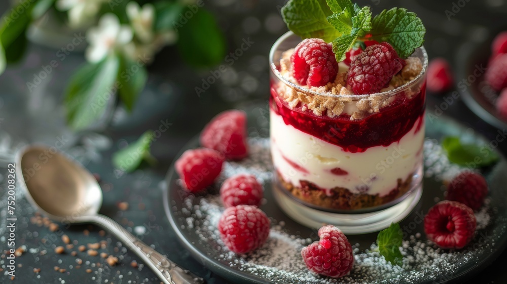 A delightful dessert featuring raspberries, cheesecake, and mousse, elegantly presented in a glass. A delightful dessert featuring raspberries, cheesecake, and mousse, elegantly presented in a glass.