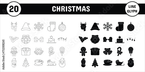 Christmas Line Glyph Vector Illustration Icon Sticker Set Design Materials
