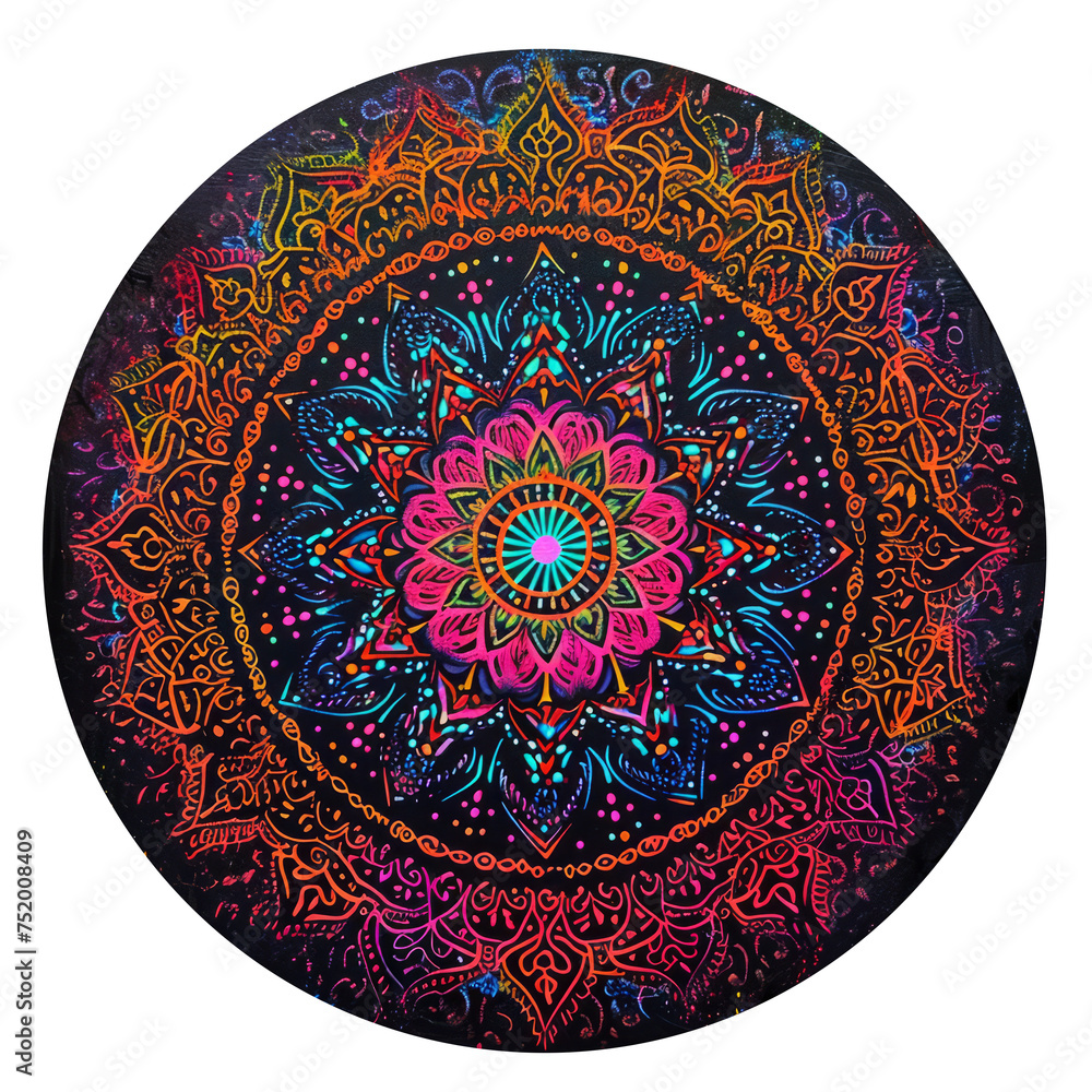 Neon Glow Mandala on Cosmic Black with Vibrant Filigree