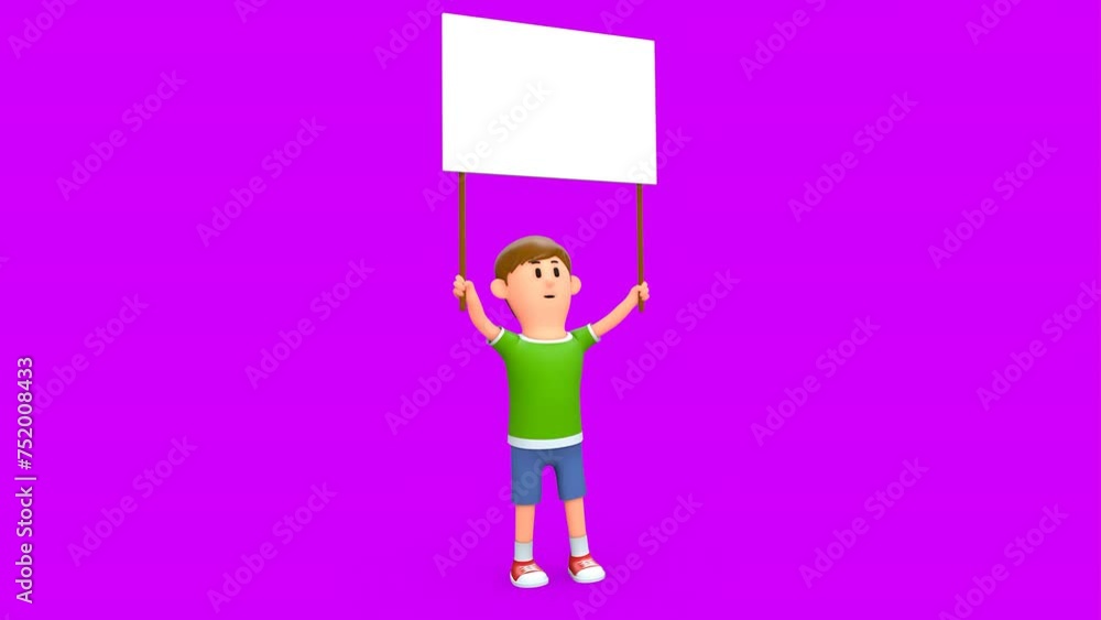 3D Rendered Animated Scene Of Cartoon Boy Holding Placard Protesting Standing In Green Background. 3D Rendered Animated Scene Of Cartoon Boy Holding Placard Protesting Standing In Green Background.