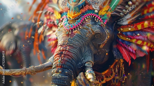 A war elephant adorned in vibrant colors and elaborate headdresses captures the attention of all who lay eyes upon it a majestic creature in the midst of war. © Justlight