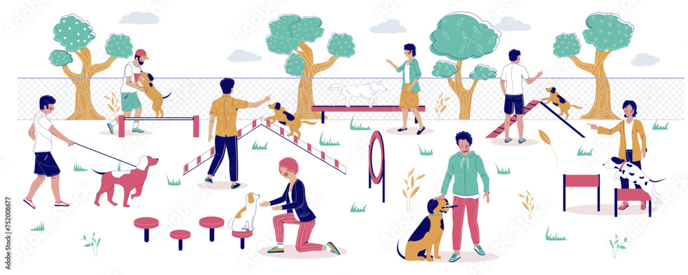 Happy people training pets at dog walking area vector illustration