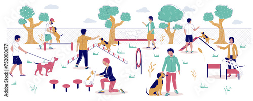 Happy people training pets at dog walking area vector illustration