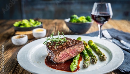  Grilled ostrich steak filet with asparagus, broccoli, and glass of red wine 